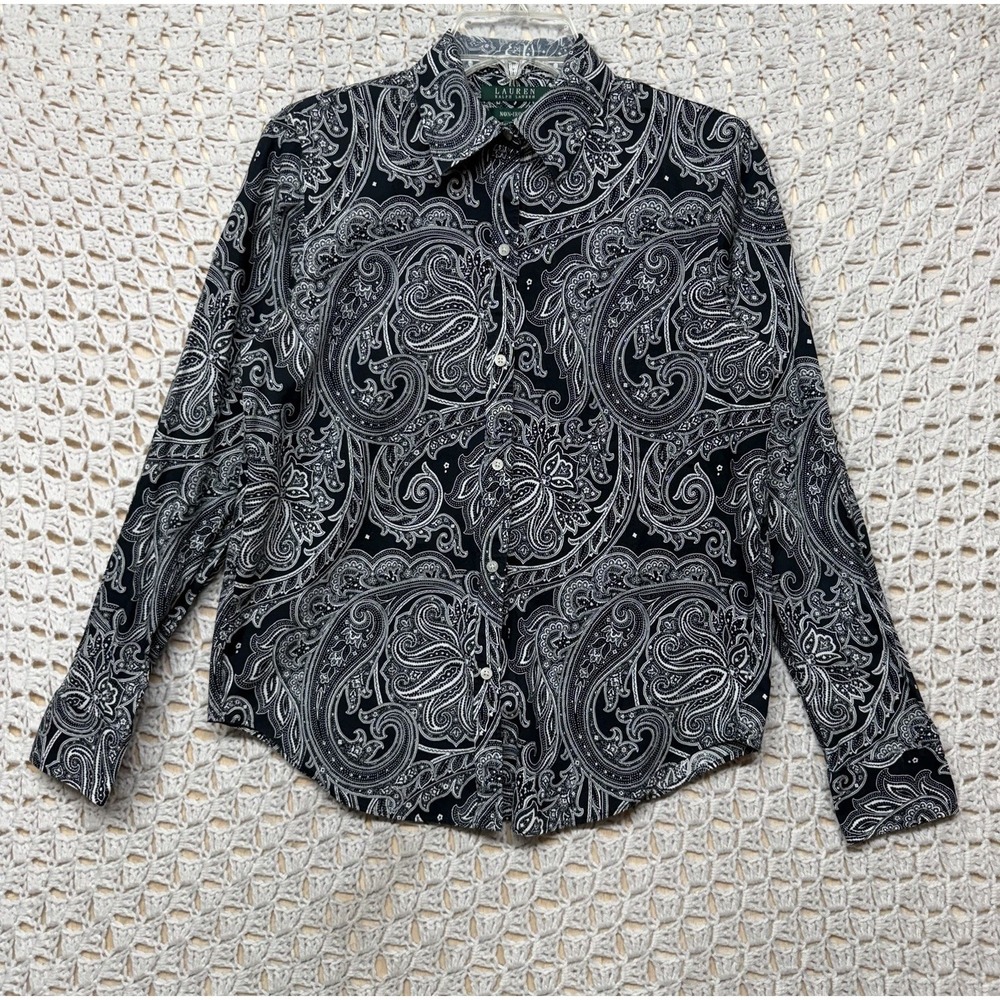Lauren Ralph Lauren Shirt Blouse S Black Paisley Button Up 100%Cotton Long Sleev